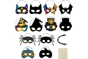 SUNSHINE SMILE 18Stk Scratch Art Masken für Kinder,Kratzbilder Masken, Halloween Kratzbilder mit Elastischen Kordeln und Holzstäbchen,für Halloween Weihnachten Ostern Party Deko Kinder Geburtstag Geschenk
