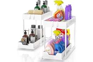 Meltrck Organizador de armario para lavavajillas, 2 unidades para debajo del lavabo, organizador de almacenamiento extensible con 16 ganchos, color blanco