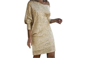 Zeiayuas Women Elegant Formal Sequins Dresses Wrap Off Shoulder Long Sleeves Midi Bodycon Party Dress Sparkly Glitter Evening Dress Elegant Disco Club Prom Ball Gowns Ladies Cocktail Clubwear