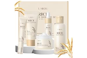 LAIKOU Riz Ensemble de Soins de la Peau, 5 Pièces Coffret Soin Visage Voyage Femme, avce Nettoyant Visage, Toner au Riz, Contour des Yeux, Sérum, Crème Hydratante, pour Nourrir et Revitaliser Peau