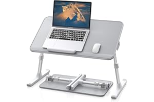 SAIJI Leather Laptop Bed Tray Table, Adjustable Laptop Stand with Removable Stopper, Portable Lap Desks with Foldable Legs, Notebook Stand Breakfast Reading Desk for Sofa Couch(Medium,Gray)