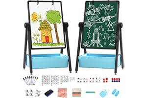 CHIDIAM Kids Easel Double-Sided Iron Art Easel with Paper Clip Foldable Drawing Board Height Adjustable Standing Easel 360° Rotatable Whiteboard Chalkboard with Letters Numbers for Boys Girls Toddlers