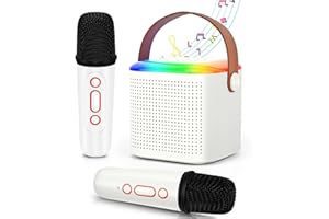 Paneerte Mini Karaoke Machine for Kids, Portable Bluetooth Speaker with 2 Wireless Microphones, LED Light and Voice Changing for Boys & Girls Party, White