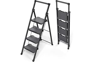 KINGRACK 4 Step Ladder, Sturdy Step Stool with Handrail, Anti-Slip Wide Pedals, Foldable Step Stool for Home, Garage, Garden, Safety Locking, Pass 900LBS Testing, Black
