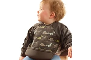 Bibetta Ultrabib - Weaning bib with sleeves - Premium Neoprene for Comfort - Waterproof - Baby bibs with Crumb Catcher Pocket for Feeding Toddler & Babies - Roll Up and Machine Washable (Dinosaurs)