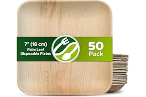 ECO LEAF PRODUCTS ECO Leaf 50 Disposable Palm Leaf Plates | 7”(18cm) Square Compostable Dinner Plates | Eco-Friendly, Biodegradable Heavy-Duty Plate for Wedding, Party and Picnic | Microwave & Oven Safe, Pack of 50
