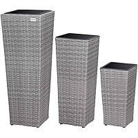 Deuba Blumentopf aus handgewobenem Polyrattangeflecht Übertopf mit Wasserabfluss Pflanzkübel 3er Set Blumenkasten Grau