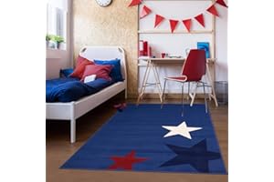 UN AMOUR DE TAPIS - Alfombra Grande para Habitación De Niños Star Azul, Blanco, Rojo, Azul Oscuro - 140 X 200 cm - Alfombra Infantil