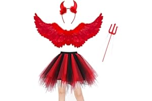 Winwild 4 Stück Engel Kostüm Damen Set 80CM Engelsflügel Rot Erwachsenes Engel Teufel Feen Kostüm Tüllrock mit Teufelshörner Zauberstab für Karneval Halloween Cosplay Fasching Verkleidung