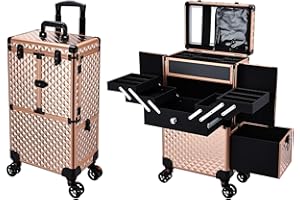KZRUEB Kosmetik Trolley Friseurkoffer mit Schublade und Spiegel Kosmetikkoffer mit 4 Tabletts Make up Koffer Groß Schminkkoffer Nagelkkoffer Abschließbare Beauty Case Friseur Box,Roségold