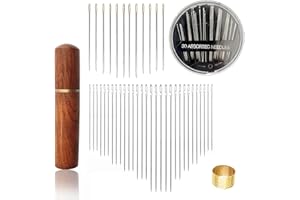 TAOBOSEC Aghi per Cucire a Mano, 72 Pezzi Aghi per Infilare Automaticamente Acciaio Inossidabile con 1 Scatola di Aghi in Legno e 1 Ditale Aghi da cucito con Grandi Aghi per Gli Occhi per Cucire Vestiti