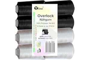 Yline Juego de 8 bobinas Overlock, hilo de coser, blanco y negro 2743 m, NE 40/2, 100% poliéster, hilo para máquina de coser, 3065