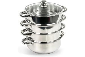 Crystals 4-Tier 24cm Stainless Steel Induction Hob Steamer with Glass Lid - 5-Piece Food-Steaming Cooking Set, Cookware Pot & Pan Set with Cool Handles