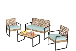 PHI VILLA Gartenmöbel Balkonmöbel Set mit 1 x 2-Sitzer Sofa, 2 x Sessel und 1 x Tisch, 4 Personen Outdoor Lounge Möbel Gartensofa. Wetterfest Rattan Balkon Lounge für Terrasse, Minzgrün und Gelb