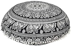 Stylo Culture Ethnisch Dekorativ Rund Bodensitzkissen 80x80 cm Groß Bodenkissenbezug Boho Mandala Schwarz Bohemien Pom Pom Spitze Sitzsack Bodenkissen Baumwolle Elefant Bodenkissen Outdoor Rund