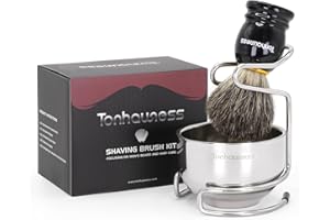 tonhawness Shaving Brush Kit for Men, 3 in 1 Shave Brush Set Includes Pure Badger Hair Shaving Brushes, 3 Layers Stainless Steel Shaving Bowl and Stand Set for Wet Shave Gift