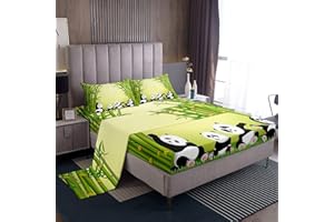 LOUSSIESD Set di biancheria da letto per ragazzi e ragazze con motivo di panda gigante e bambù verde, con 1 lenzuolo piano + 1 lenzuolo con angoli + 1 federe, per letto singolo