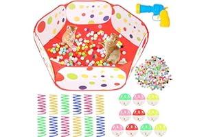YEXEXINM Cat Ball Pit, Cats Play Tent with 200 Cat Toy Balls 10 Bell Balls 12 Spring Toys and 1 Ball Toy Shooter Interactive Cats Toys for Playing, Teeth Grinding, Chewing, Training