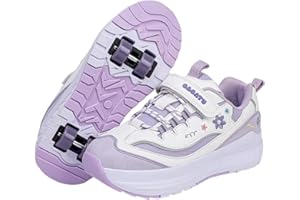 Surwin Chaussures roulettes Enfant, Fleur Broderie Chaussures de Skateboard Fille Garçon avec 4 Roues Basket à roulettes 2 en 1 Sneakers Roller Respirant Skateboarding Shoes