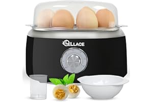 LELLACE Cuece Huevos Eléctrico con Temporizador Manual y Alarma. Cocedor de 1 hasta 7 huevos para hacer Huevo Duro, Mollet o Pasados por Agua. Egg Boiler de 400W con Cuenco para huevo Poché. (NEGRO)