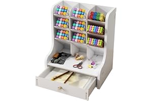 VIKMYER Mnkyer Organizzatore da Scrivania in Legno Scatola di Penne da Scrivania Multifunzione per Desktop in Casa Forniture per Ufficio Scolastico con Cassetto (Bianco)