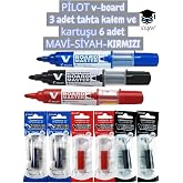 Pilot V-Board Tahta Kalemi Seti, 3 Adet Kalem ve 6 Adet Kartuş, Mavi-Siyah-Kırmızı