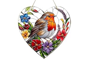 GENERIC Window Sun Catcher, 20x20CM Large Heart-Shaped Robin Stained Glass Suncatcher – Decorative Hanging Ornament for Windows, Ideal for Home, Garden, or Gift