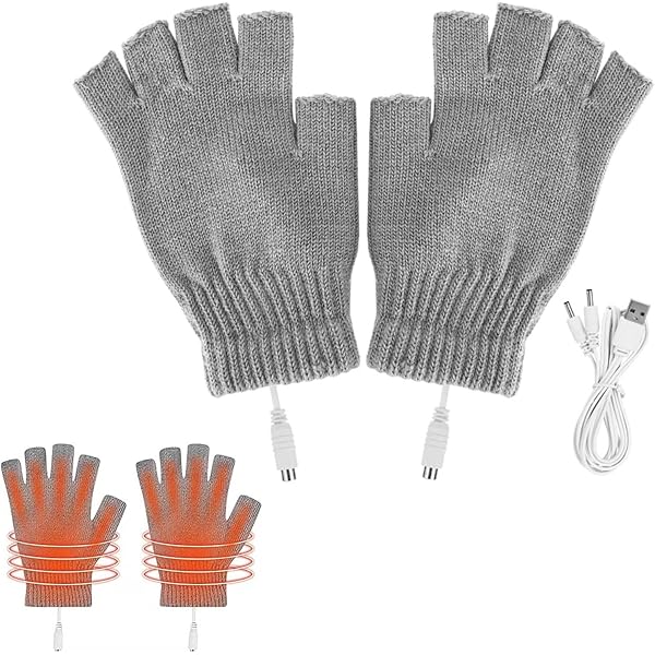 Gants Chauffants USB Demi-doigts - Chauffage Double Face (paume Et Dos) - Température Réglable 40-50°C - Gris Clair