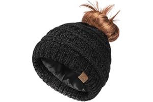 Hat Hut Femmes Bonnet Queue de Cheval, d'Hiver Doublé de Satin pour Cheveux Bouclés, Chapeaux Trou en Tricot pour Chignon Décoiffé