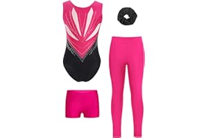 Miutii 4tlg.Mädchen Turnanzug Glitzer Gymnastikanzug mit Shorts Hose und Haargummi Ärmellos Ballettanzug Gymnastik Leotard Eislaufen Tanzkostüm