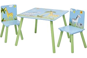 Liberty House Toys Wooden Safari Table and Two Chair Set, Engineered Wood, Blue, 40cm H W x 60cm D