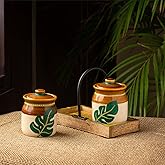 ExclusiveLane 'Leaf Shades' Ceramic Pickle Jars for Dining Table with Tray (Non Air-Tight, Set of 2, 220 ml, Brown & Green) |