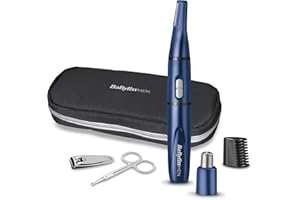 BaByliss 7058PE Set de Aseo Personal, Mini Afeitadora, Cortapelos Nariz y Orejas, Recortadora de Precisión con Guía para Cejas, Tijeras y Cortaúñas
