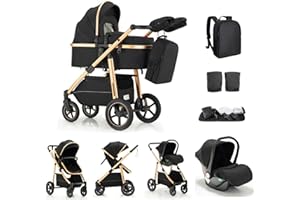 Kakbgee 3-in-1 Buggy Kinderwagen, Reisebuggy Klappbar mit Babyschale, Kinderwagen mit Höhenverstellbarem Griff, Kinderbuggy mit Aluminium-Rahmen, Stroller Baby mit Moskitonetz, für 0-4 Jahr