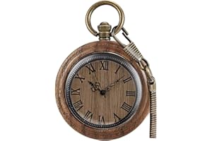Tiong Men's Vintage Pocket Watch - Handmade Bamboo Wood Retro Quartz Pocket Watches with Chain, Wooden Pendant Gift for Dad, Husband, Boyfriend on Birthday, Anniversary with Black Gift Box for Men