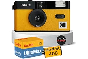Ensemble d'appareil photo réutilisable comprenant un appareil photo jaune Kodak Ultra F9, un film Kodak Ultramax 35 mm 36 poses et une carte de conseils pour la photographie Clikoze Camera