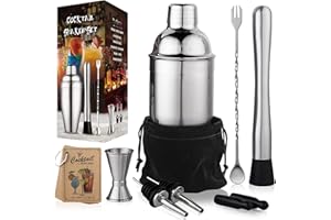 24 oz Cocktail Shaker Bartender Set by Aozita, Stainless Steel Martini Shaker, Mixing Spoon, Muddler, Measuring Jigger, Liquor Pourers with Dust Caps and Manual of Recipes, Professional Bar Tools