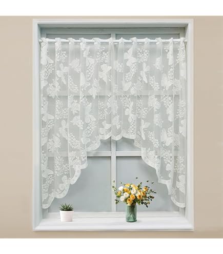 Rideau Brise-bise Transparent Motif Fleurs Et Oiseaux - 210x90cm, Style Campagne, Pour Fenêtre Café