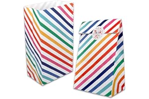 AUERVO 20PCS Paper Party Bags, Rainbow Stripe Kraft Paper Candy Bags, Grocery Goodie Gift Treat Bags With Thank You Stickers for Birthday Wedding Valentines' Day Sweets Gifts Favour 5" X 9"