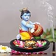 SHREE RAM IMPEX Polyresin and Wood Lord Baby Krishna Makhan Chor Idol Statue kanha ki Murti with Wooden Flowers Natural Stones Lotus Tealight Candle Holder and Wooden Tray