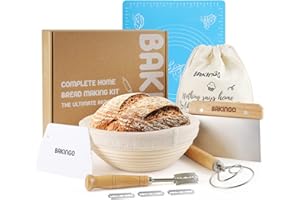 ULAB Bakingo, kit de cesta de pan para principiantes de masa madre con cesta de pan de ratán natural de 10 pulgadas, raspador de masa, alfombrilla medidora y batidor danés para prueba de Banneton