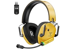 VAKEDY Cuffia Gaming Wireless per PC, PS4, PS5, Mac, Switch Auricolare Gaming 2.4GHz USB con Microfono Bluetooth, Driver da 50mm, Batteria da 50 Ore, Bassa Latenza, Leggero (Giallo)