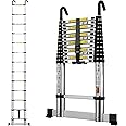 Telescopic Ladder 3.8M/12.5FT Aluminium Extension Loft Ladder with Stabilizer Bar and Detachable Hooks, Multi Purpose Extendable Portable Folding Ladders, 13 Steps, EN131, Aluminium