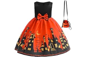 TRACYCY Mädchen Halloween Kostüm Cosplay Kürbis Drucke Princess Kleid mit Tasche Anzug Fasching Festkleid für Kinder Verkleidung Halloween Karneval Festzug Performance Maskerade Partykleid Outfit