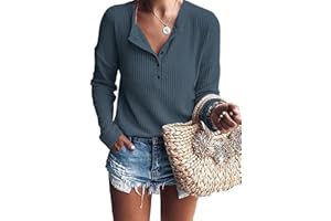 WNEEDU Pull Femme à Manches Longues en Tricot Gaufré Tunique T-Shirt Chemise Henley Décontracté Col V avec Boutons