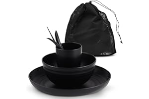 AdvntrPro 5pc Camping Cutlery Set for 1 with Travel Bag - Camping Plates and Bowls Set for 1 with Picnic Plates and Bowls, Reusable Cutlery, Cup and Travel Bag for Outdoor Dining (Black)