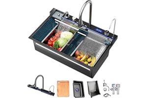 FGNIXLN Lavello da cucina T304 in acciaio inox, lavello da cucina multifunzionale, lavello a cascata, lavello da incasso con rubinetto digitale multifunzionale e vari accessori (80 x 45 cm, grigio