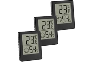 TFA Dostmann Digital Mini Thermal Hygrometer, Set of 3, 30.5039.01.03, Room Thermometer, Temperature and Humidity Meter, Smiley Comfort Zone, Room Climate Control, Battery Operated, Black