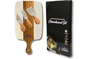 UrbanSleek. Tabla de Cortar Quesos y Charcutería con Cubiertos, Material: Madera de Acacia Antibacterial, mármol cultivado, Acero Inoxidable. Set Completo en una Caja de Regalo Elegante