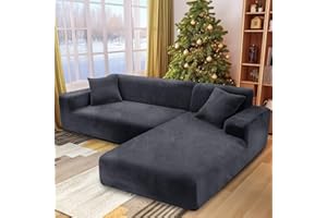 NAKIHOUSE Dicke Samt Sofa Überwürfe Sofabezug mit einem Kissenbezug, Superweicher Elastische Sofa Abdeckung in Grau Farbe für 1/2/3/4 Sitzer（L-förmiges Ecksofa erfordert Zwei）
